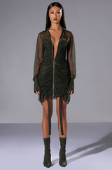 WREN RUCHED ZIP UP MESH MINI DRESS