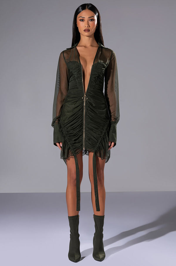 WREN RUCHED ZIP UP MESH MINI DRESS