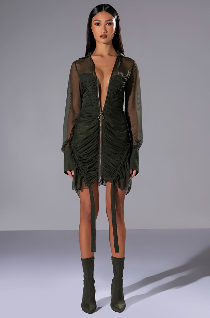 WREN RUCHED ZIP UP MESH MINI DRESS