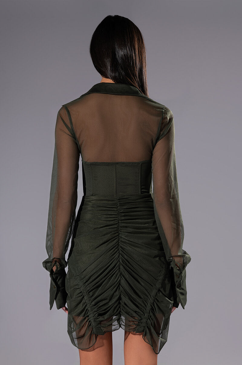WREN RUCHED ZIP UP MESH MINI DRESS
