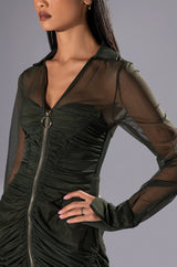 WREN RUCHED ZIP UP MESH MINI DRESS