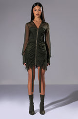 WREN RUCHED ZIP UP MESH MINI DRESS