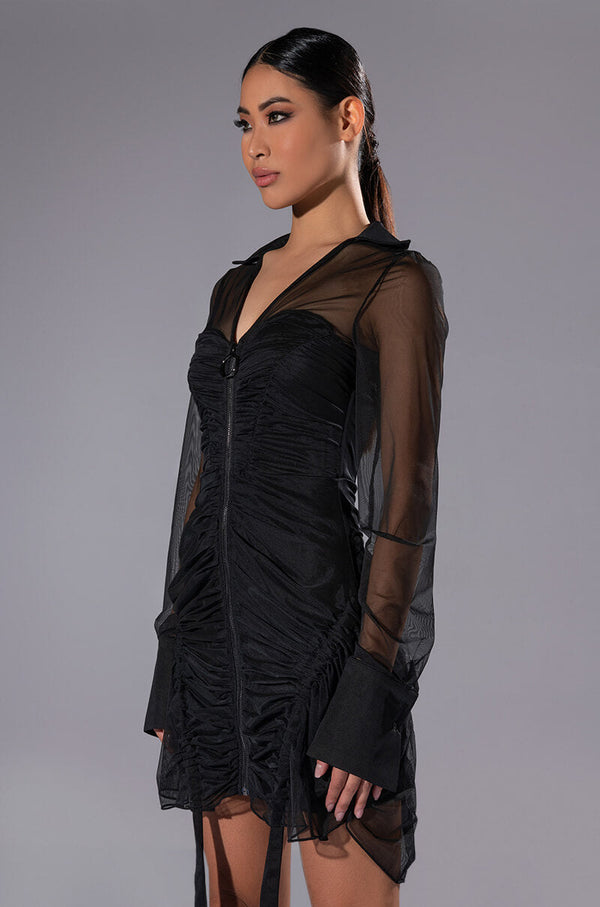 WREN RUCHED ZIP UP MESH MINI DRESS