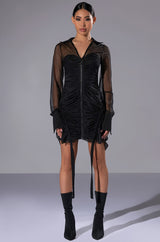 WREN RUCHED ZIP UP MESH MINI DRESS