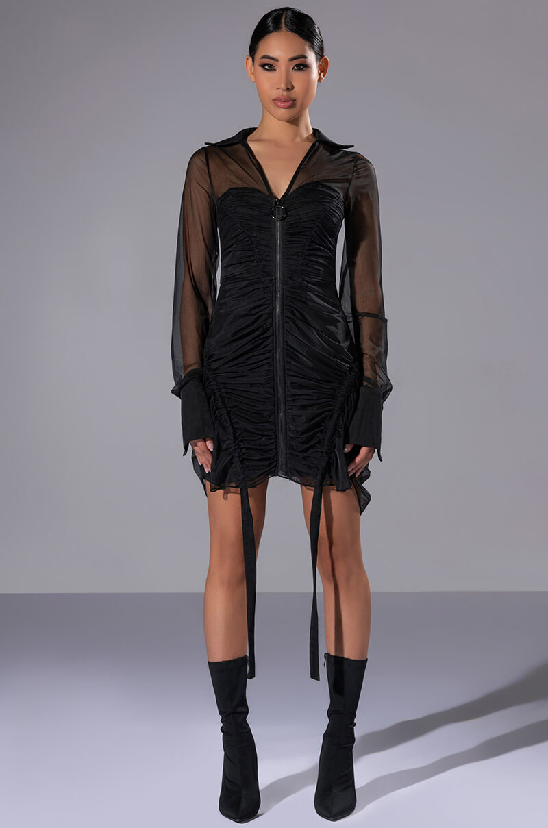 WREN RUCHED ZIP UP MESH MINI DRESS
