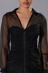 WREN RUCHED ZIP UP MESH MINI DRESS