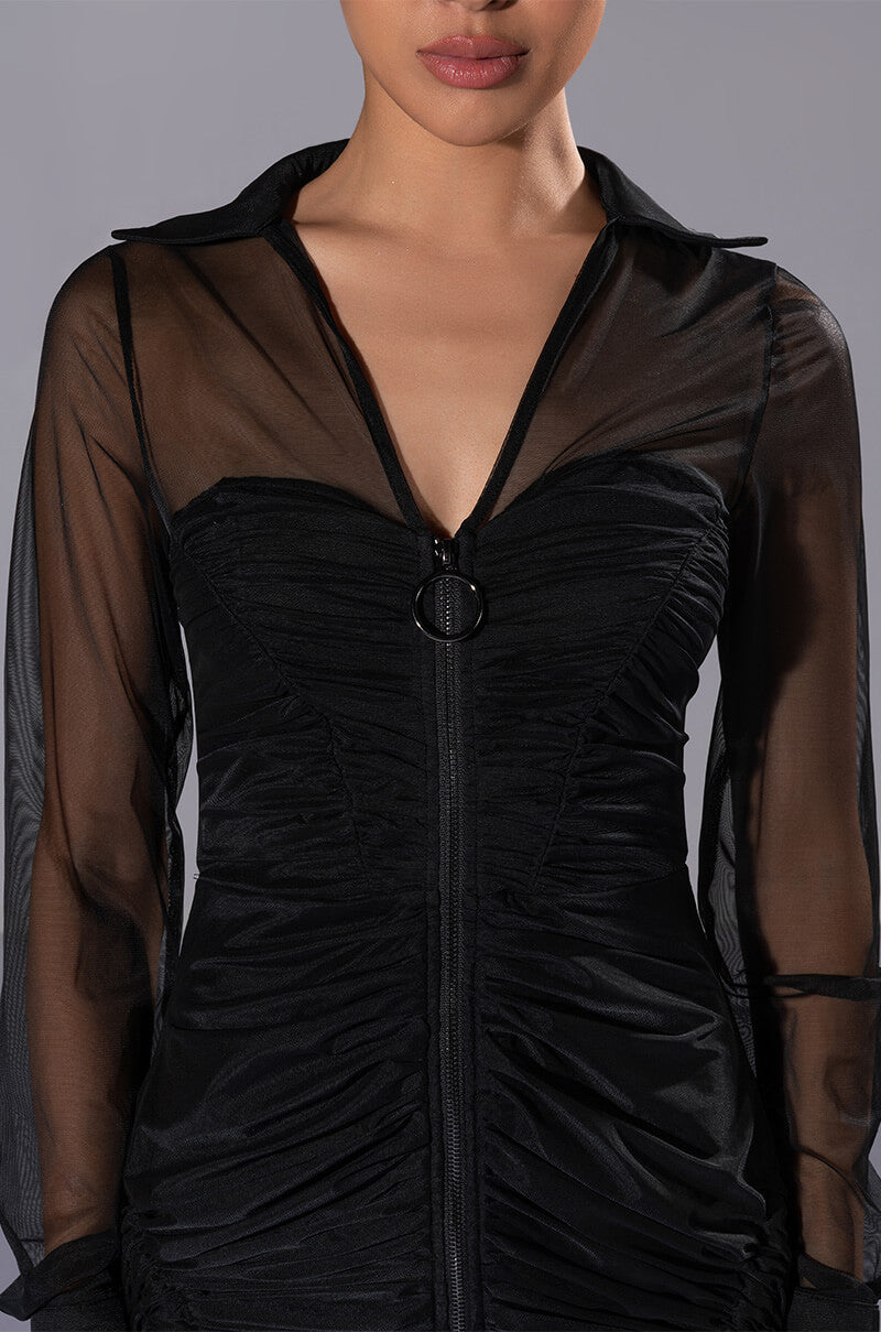 WREN RUCHED ZIP UP MESH MINI DRESS