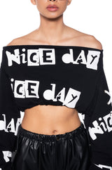 WRITTEN ON THE WALL OFF THE SHOULDER SWEATSHIRT