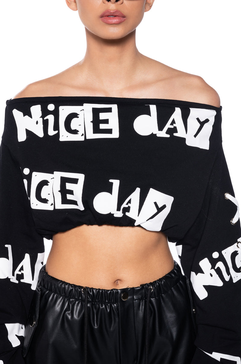WRITTEN ON THE WALL OFF THE SHOULDER SWEATSHIRT