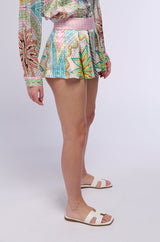 YACHT LIFE PRINTED SATIN PLEATED MINI SKIRT