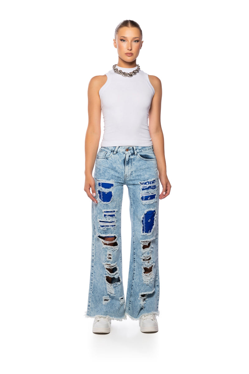 YOUR NEW FAVORITE DISTRESSED PATCHWORK FLARED JEANS