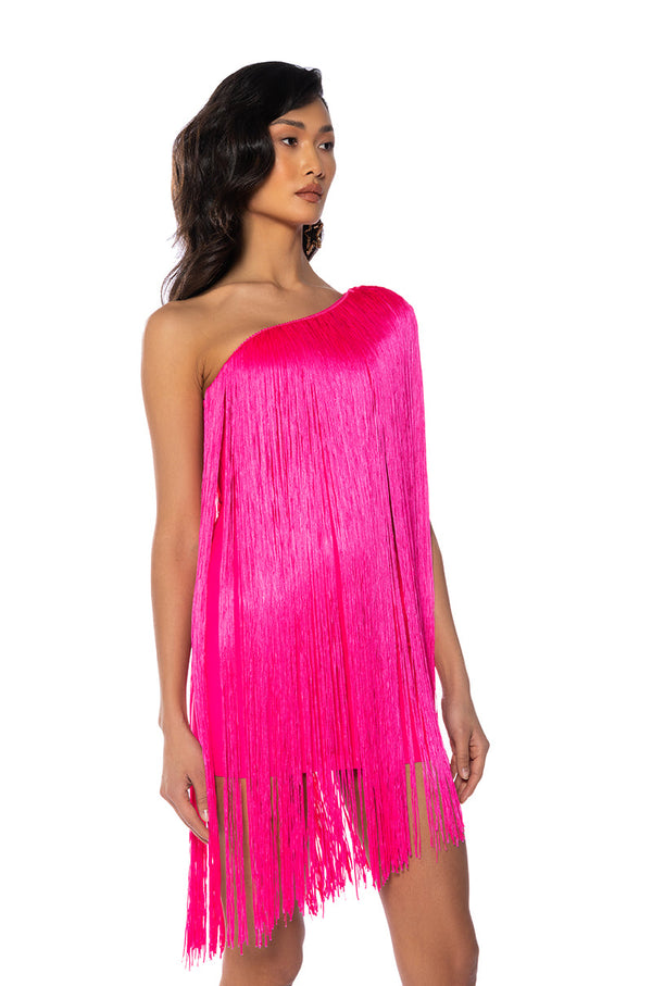 ZASHA ONE SHOULDER BANDAGE WITH FRINGE MINI DRESS
