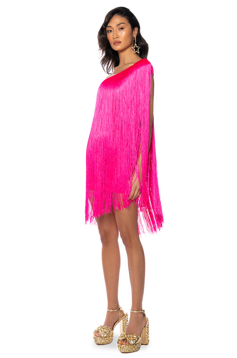 ZASHA ONE SHOULDER BANDAGE WITH FRINGE MINI DRESS