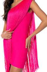 ZASHA ONE SHOULDER BANDAGE WITH FRINGE MINI DRESS