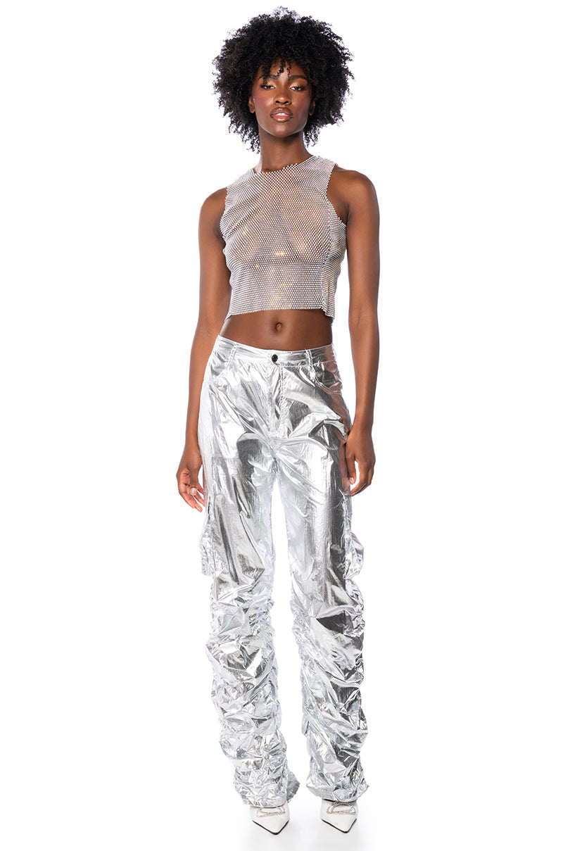 ZELDA RHINESTONE MESH SLEEVELESS TOP IN GREY