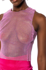 ZELDA RHINESTONE MESH SLEEVELESS TOP IN PINK