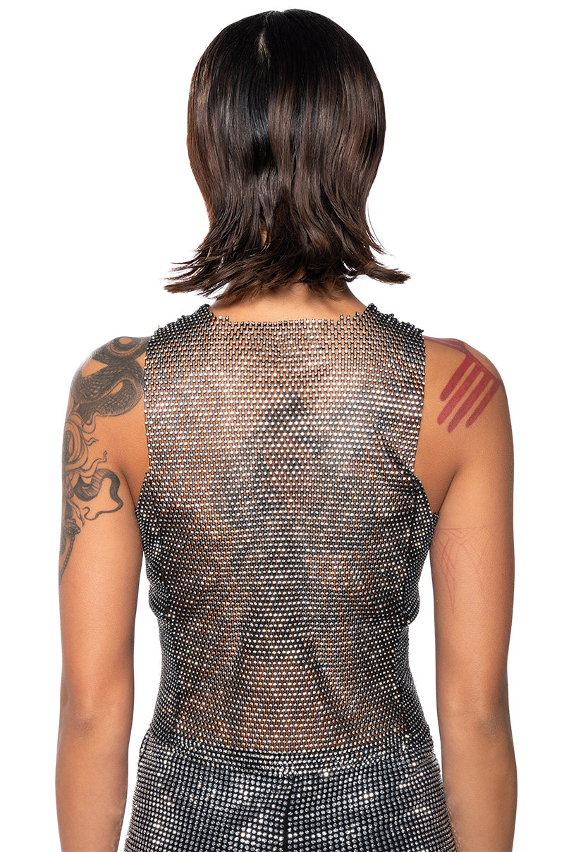 ZELDA RHINESTONE MESH SLEEVELESS TOP IN BLACK