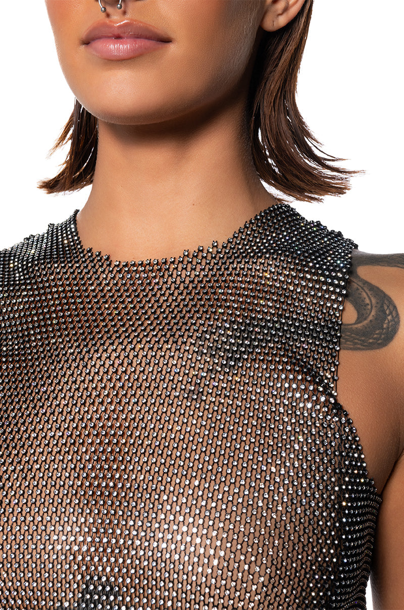 ZELDA RHINESTONE MESH SLEEVELESS TOP IN BLACK