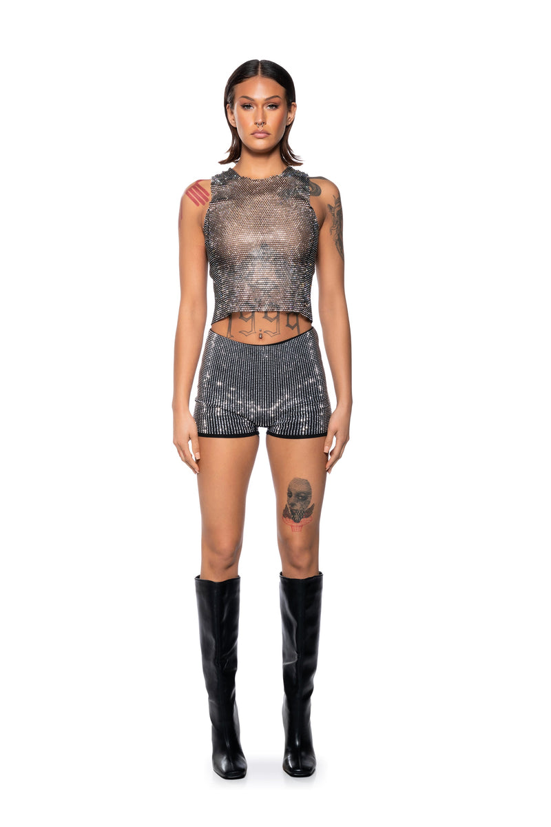 ZELDA RHINESTONE MESH SLEEVELESS TOP IN BLACK