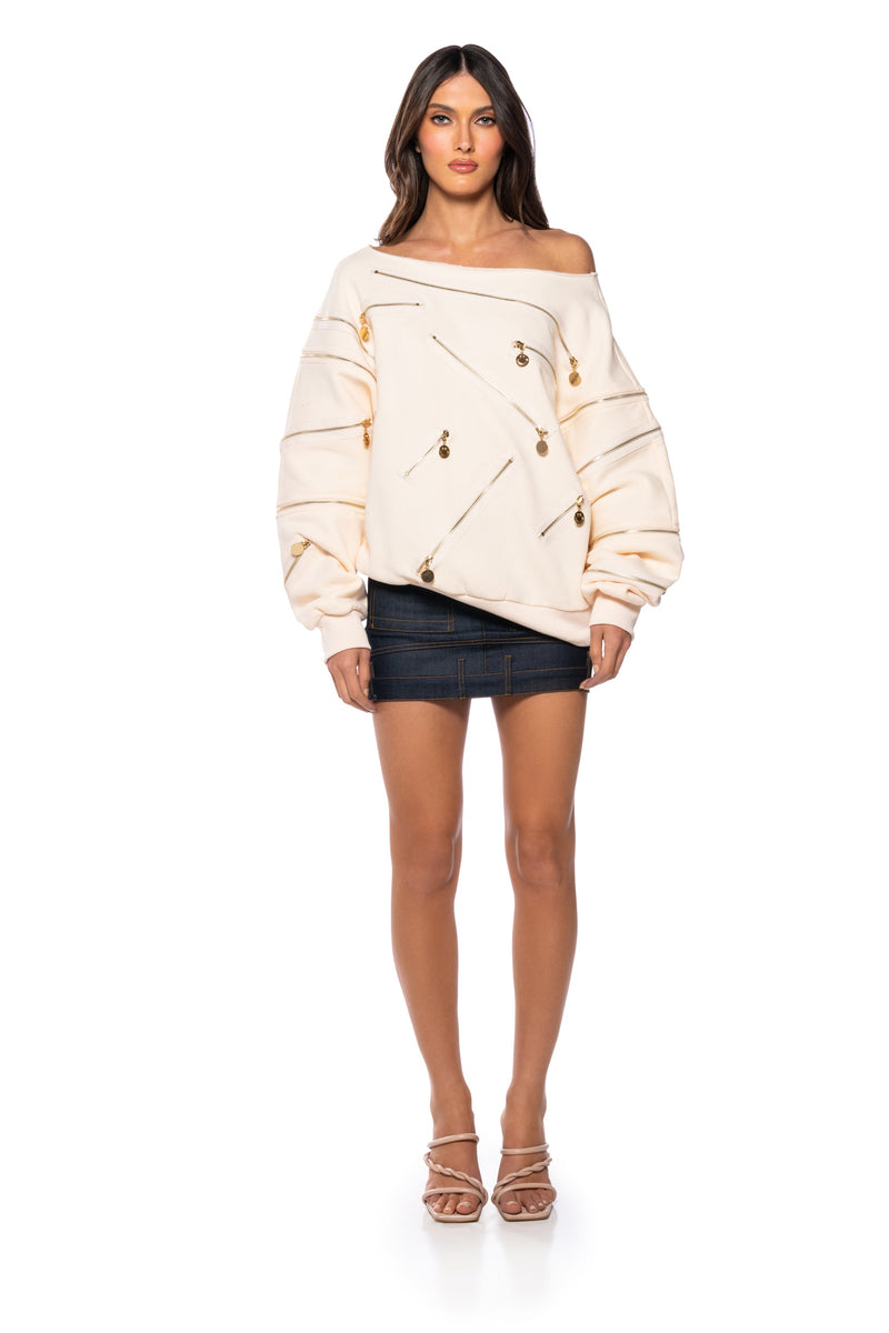 ZIP ME UP OFF THE SHOULDER SWEATSHIRT