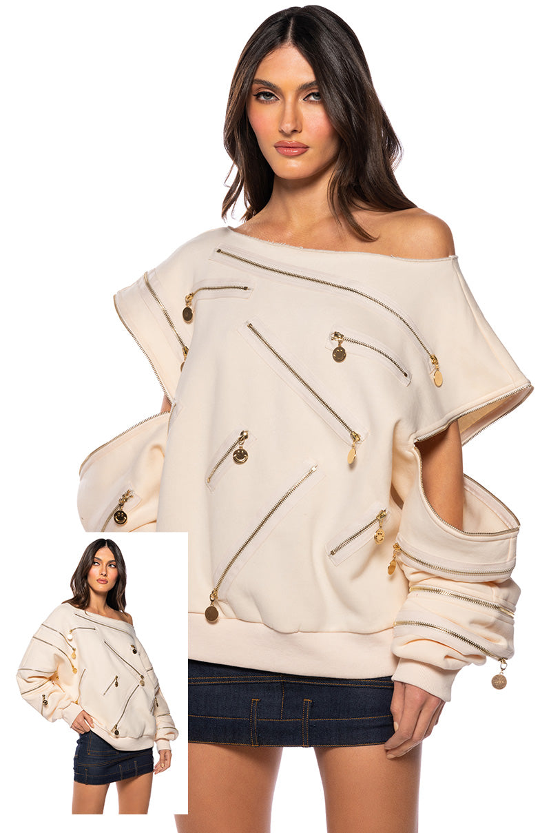 ZIP ME UP OFF THE SHOULDER SWEATSHIRT
