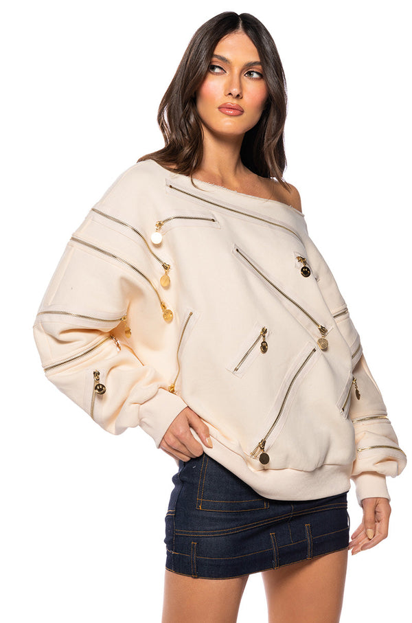 ZIP ME UP OFF THE SHOULDER SWEATSHIRT