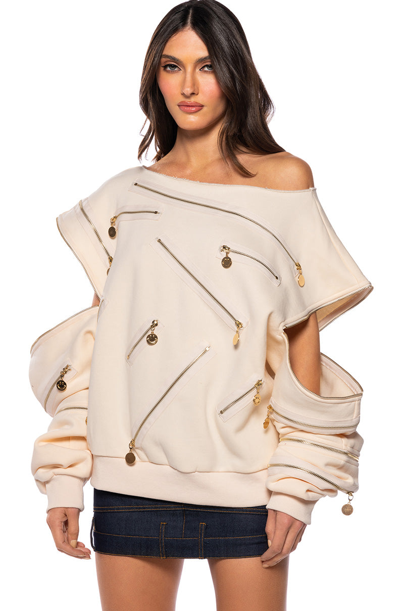 ZIP ME UP OFF THE SHOULDER SWEATSHIRT
