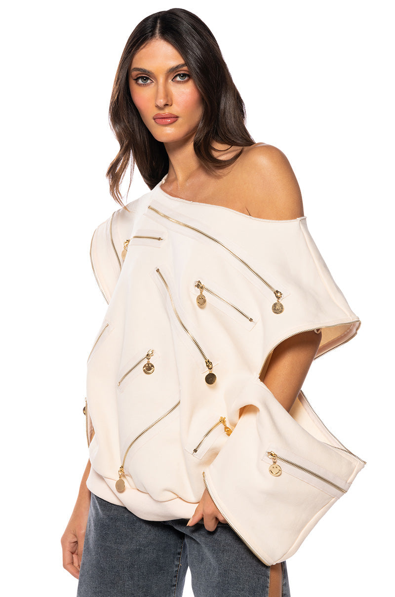 ZIP ME UP OFF THE SHOULDER SWEATSHIRT