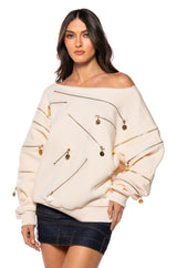 ZIP ME UP OFF THE SHOULDER SWEATSHIRT