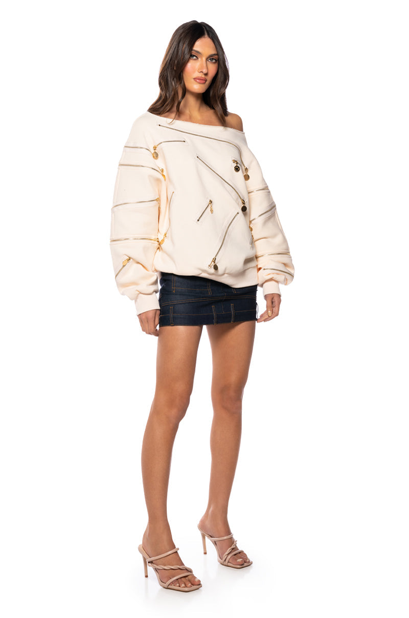 ZIP ME UP OFF THE SHOULDER SWEATSHIRT