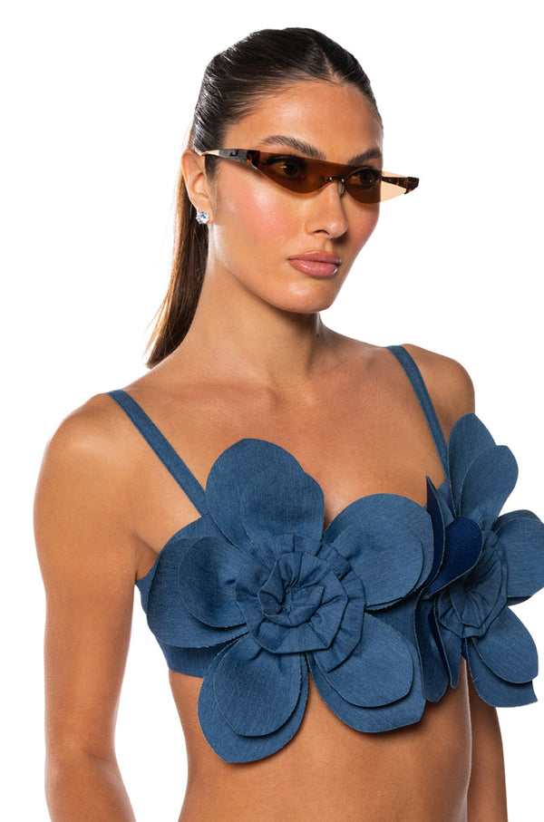 ZOEY DENIM FLOWER CROP TOP