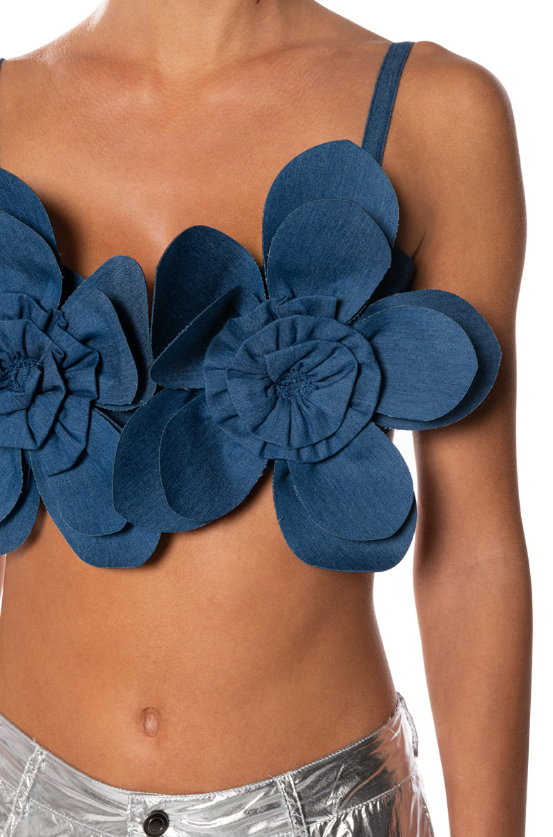 ZOEY DENIM FLOWER CROP TOP